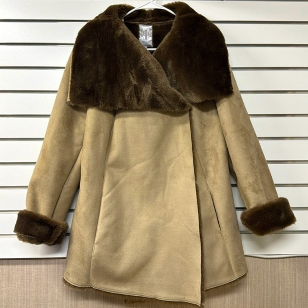 Jennifer Lopez J.Lo tan‎ suede faux fur women’s extra large coat